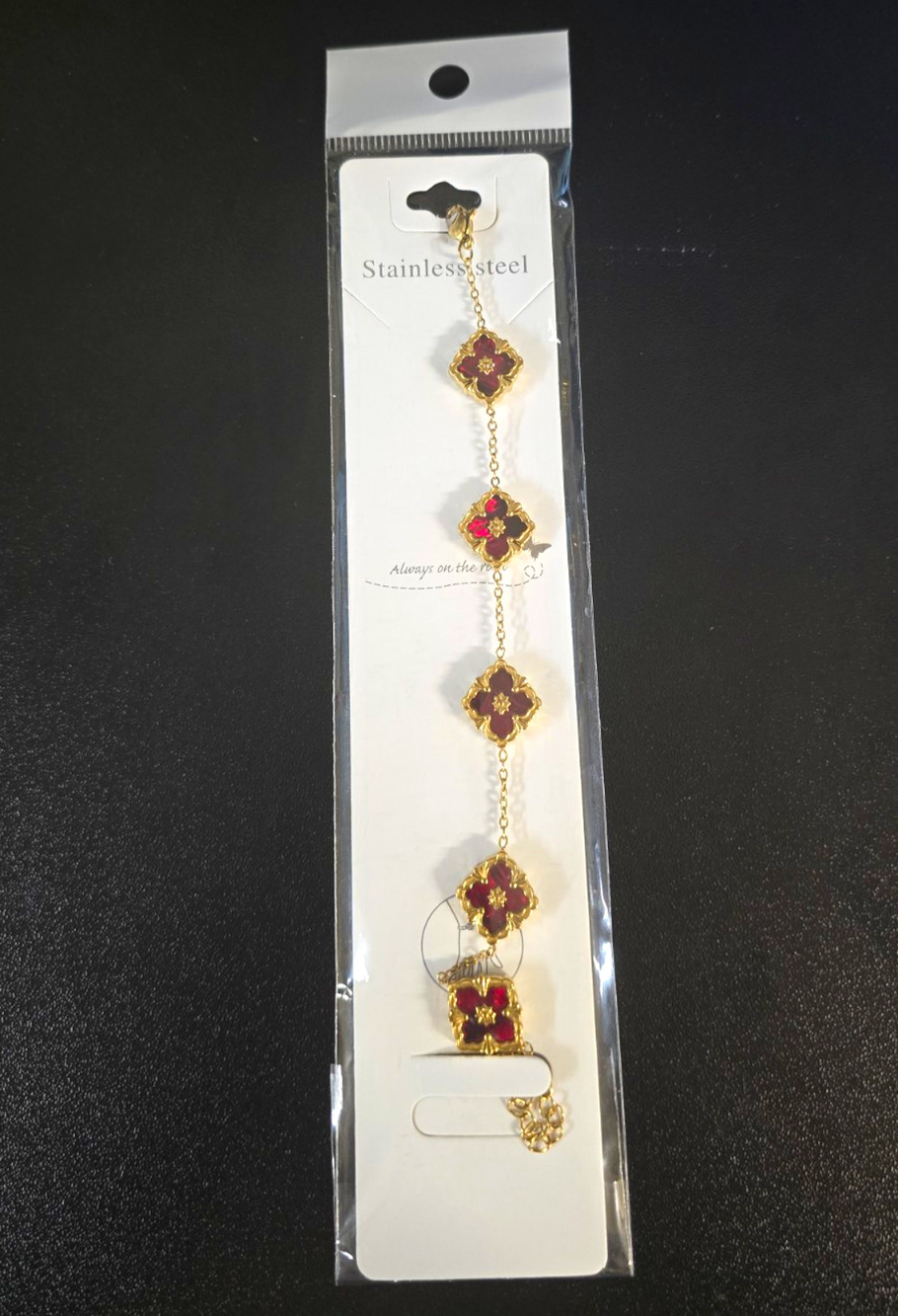 Stainless Steel Red Cable Chain Bracelet Flower Dangle Charm Adjustable